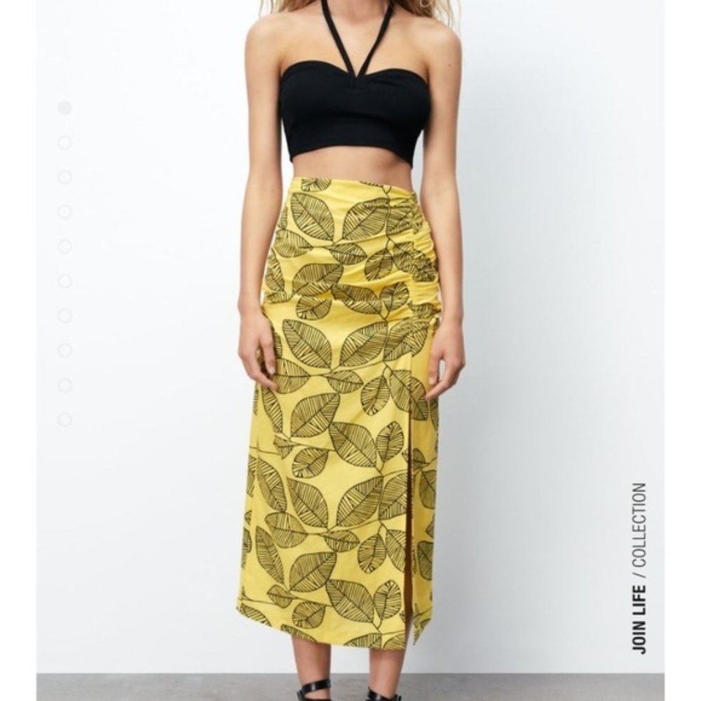 NEW! ZARA BLOGGERS FAVE Leaf Print Linen Blend High-Waisted Split Skirt … - Picture 2 of 8